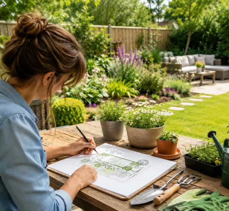 Persoon maakt een tuinplan aan een houten tafel met planten, tuingereedschap en uitzicht op een groene tuin.