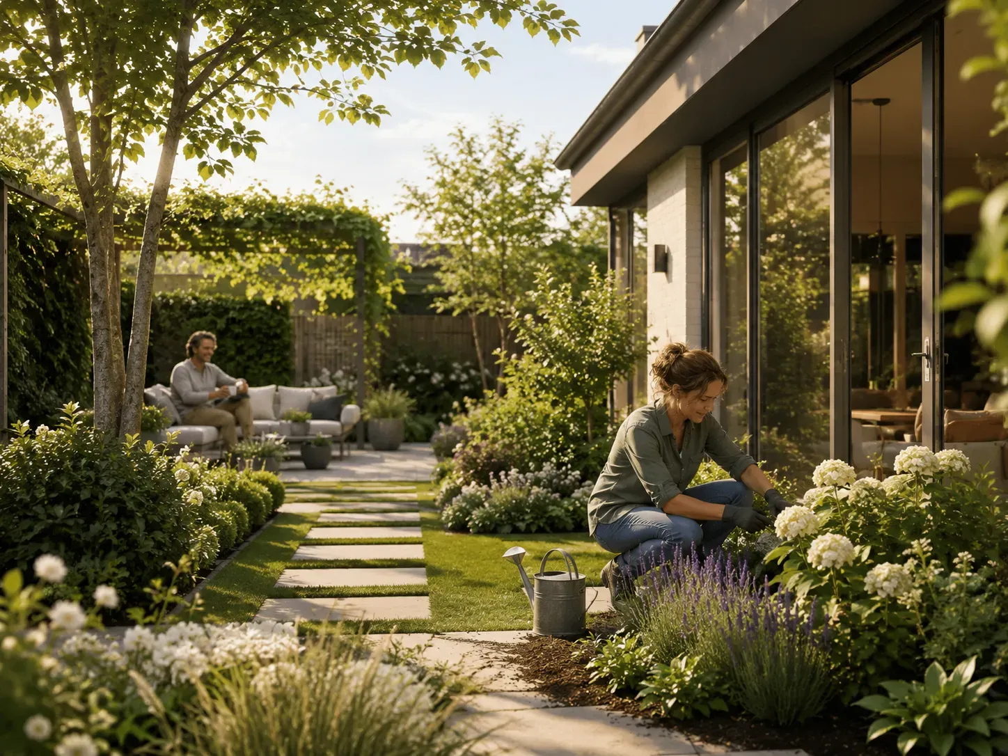 Goed onderhouden moderne tuin met beplanting, looppad, terras en bewoners die de buitenruimte dagelijks gebruiken