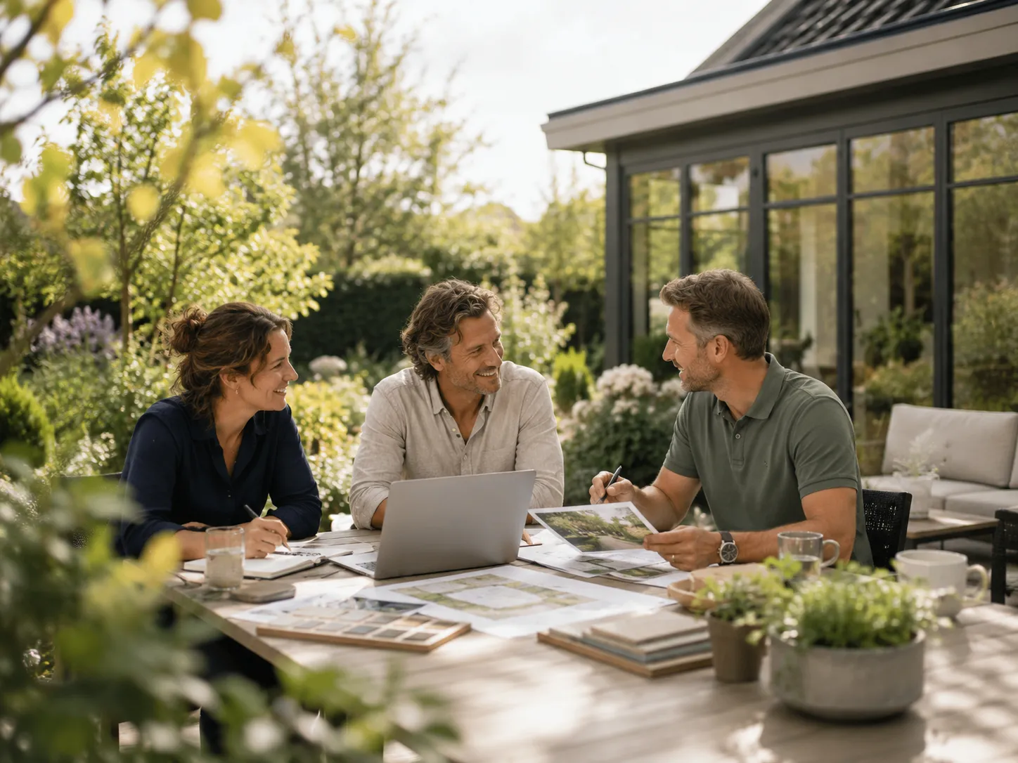 Drie professionals bespreken een samenwerking voor tuinontwerp en tuinonderhoud aan een tafel in een groene tuin.