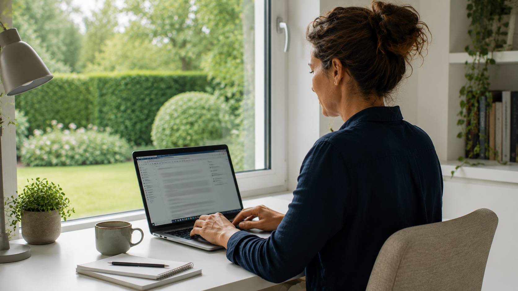 Persoon werkt op laptop aan helder bureau met uitzicht op groene tuin door raam